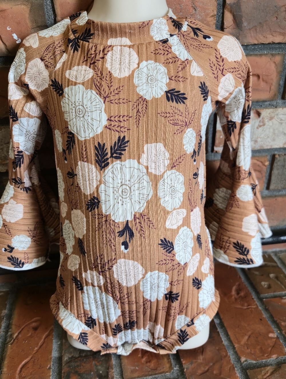 Rust Floral Bell-Sleeve with White Blooms